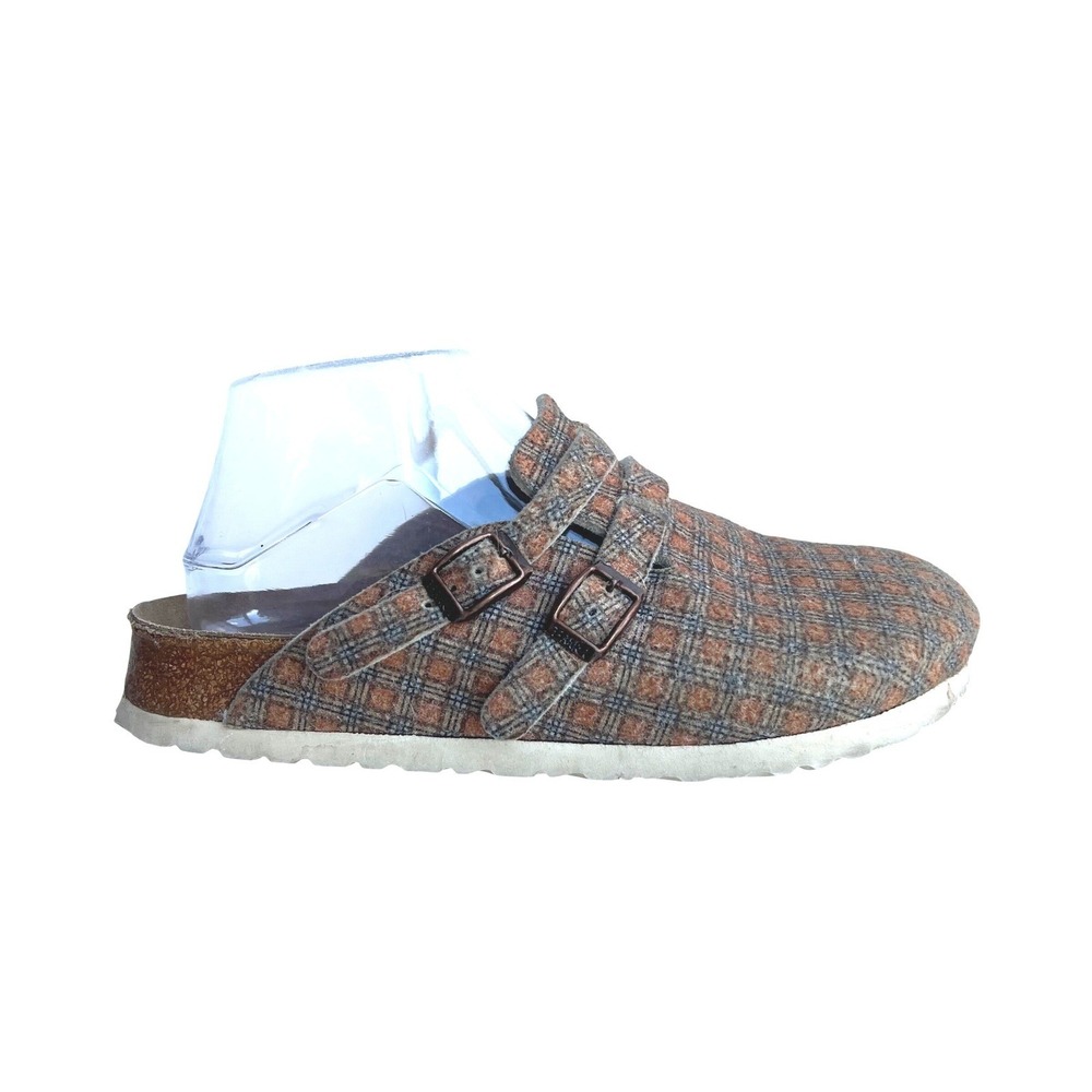 Birkis by Birkenstock Plaid Clogs Brown Blue Felt Double Buckle Size 37 L6 M4